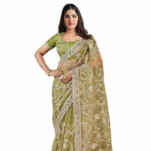 Elegant Women's Embroidered Light Green Saree with Silk Blouse